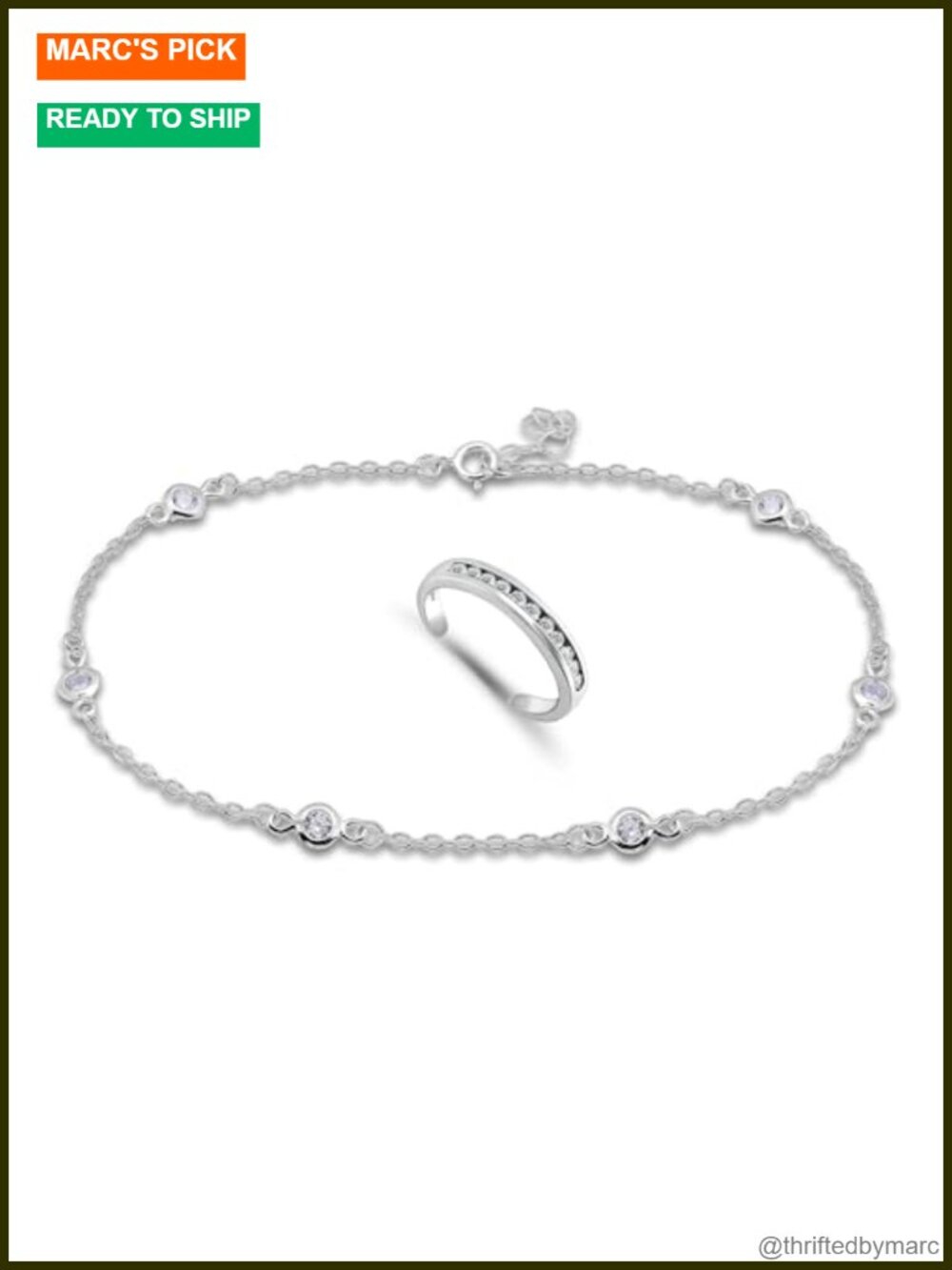 Sterling Silver Cubic Zirconia Anklet Toe Ring Set 9 in with Extender